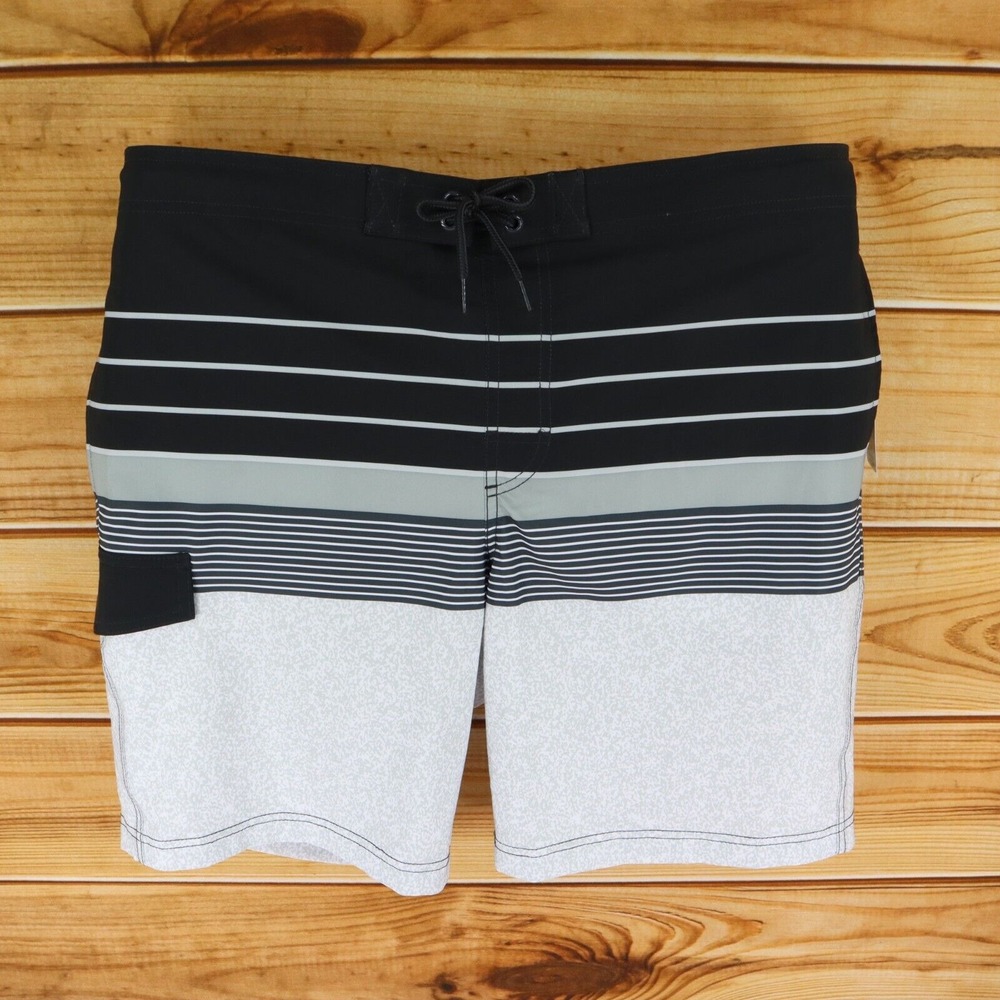 George‎ Swim Trunks w/ Liner Mens XL Black Striped Quick-Dri UPF 50+ Pockets NWT